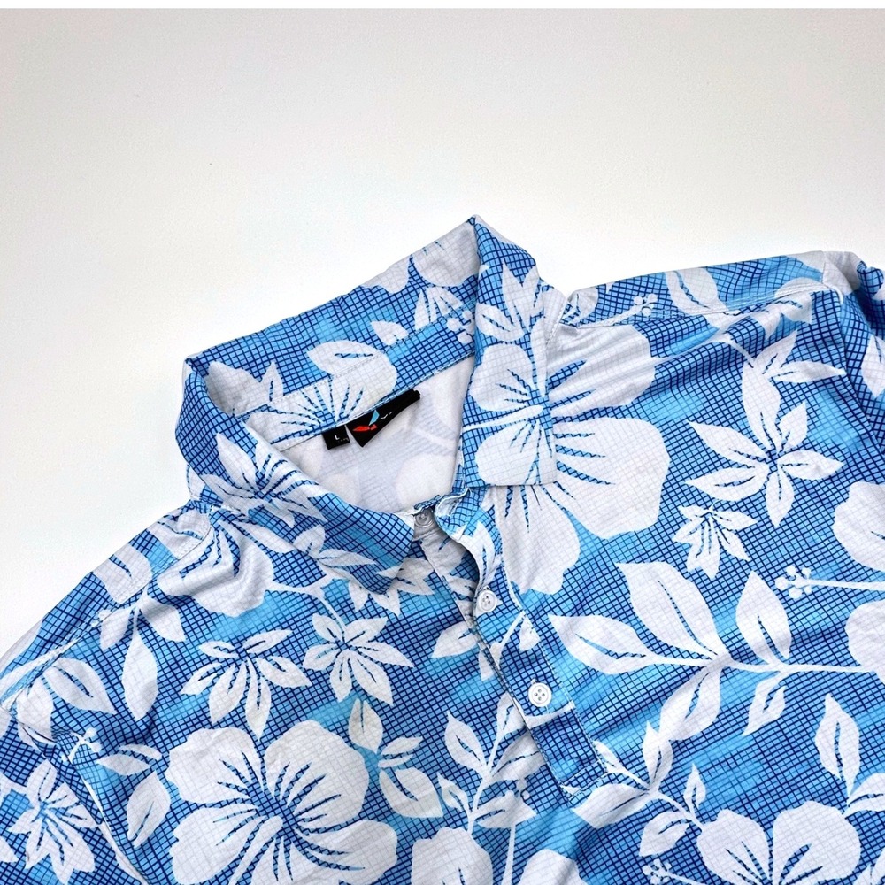 Yatta Golf Mens‎ Large Blue White Hibiscus Floral Grid Performance Polo Shirt L